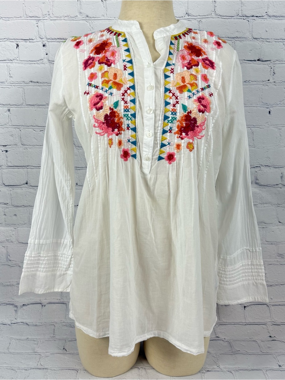 Johnny Was White Cotton Tunic Multicolor Floral Embroidery XS